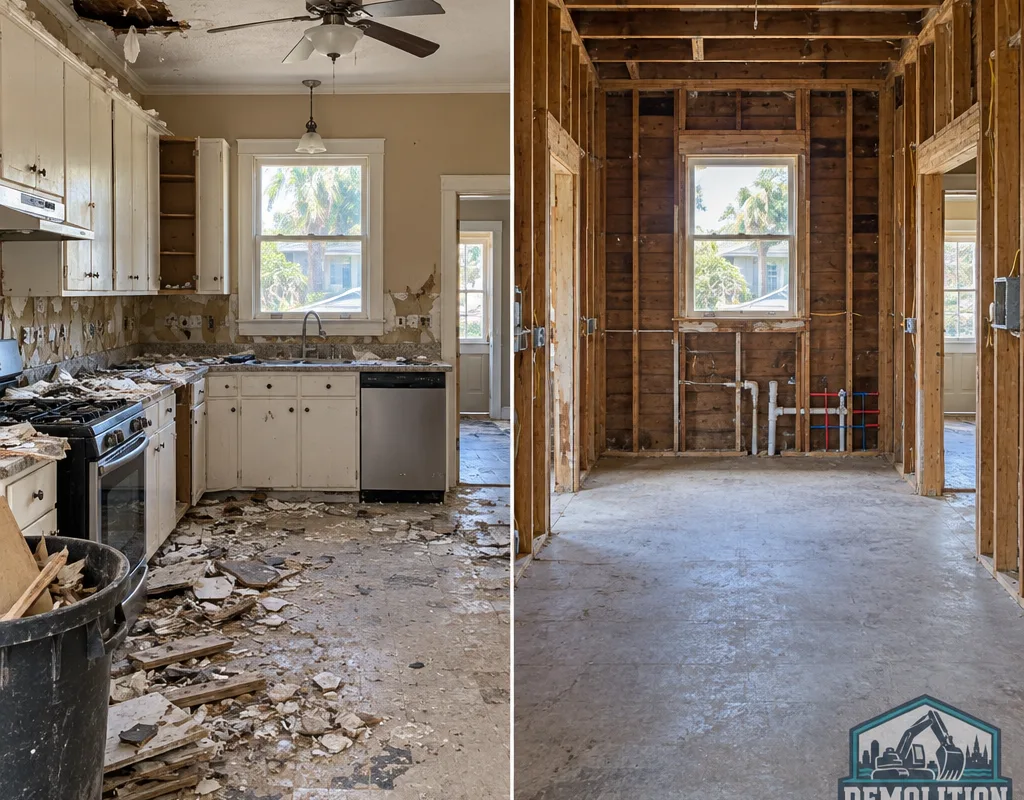 Before and after selective kitchen demolition with a clean, swept space ready for rough-ins