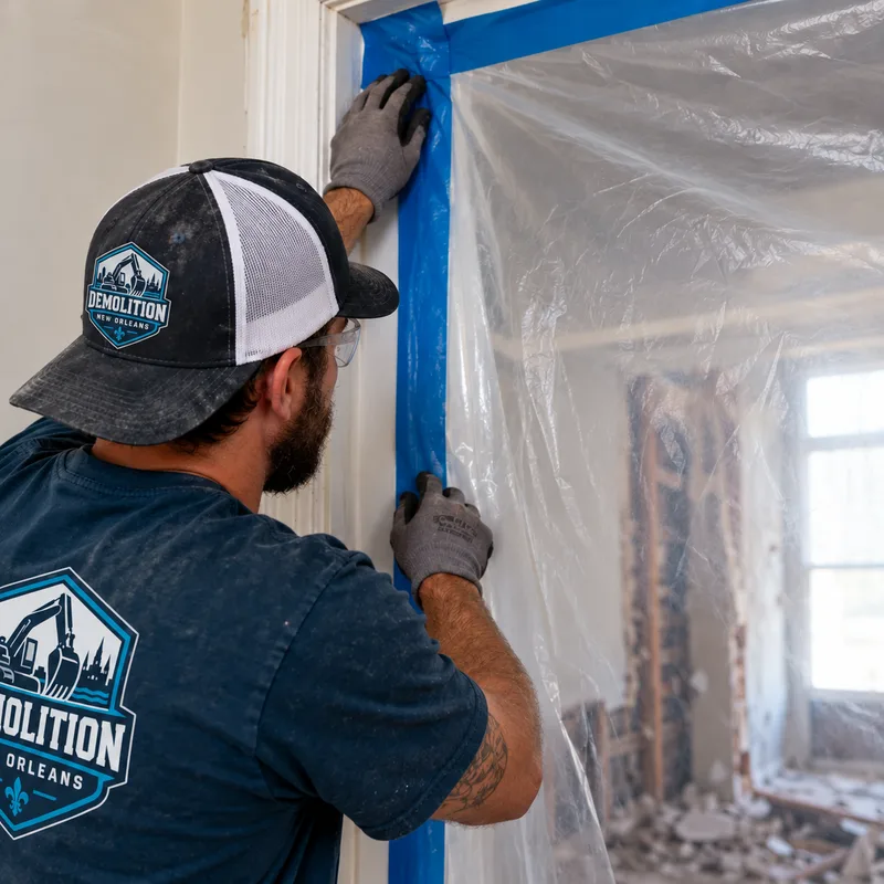 Taped dust containment at an interior doorway during demolition