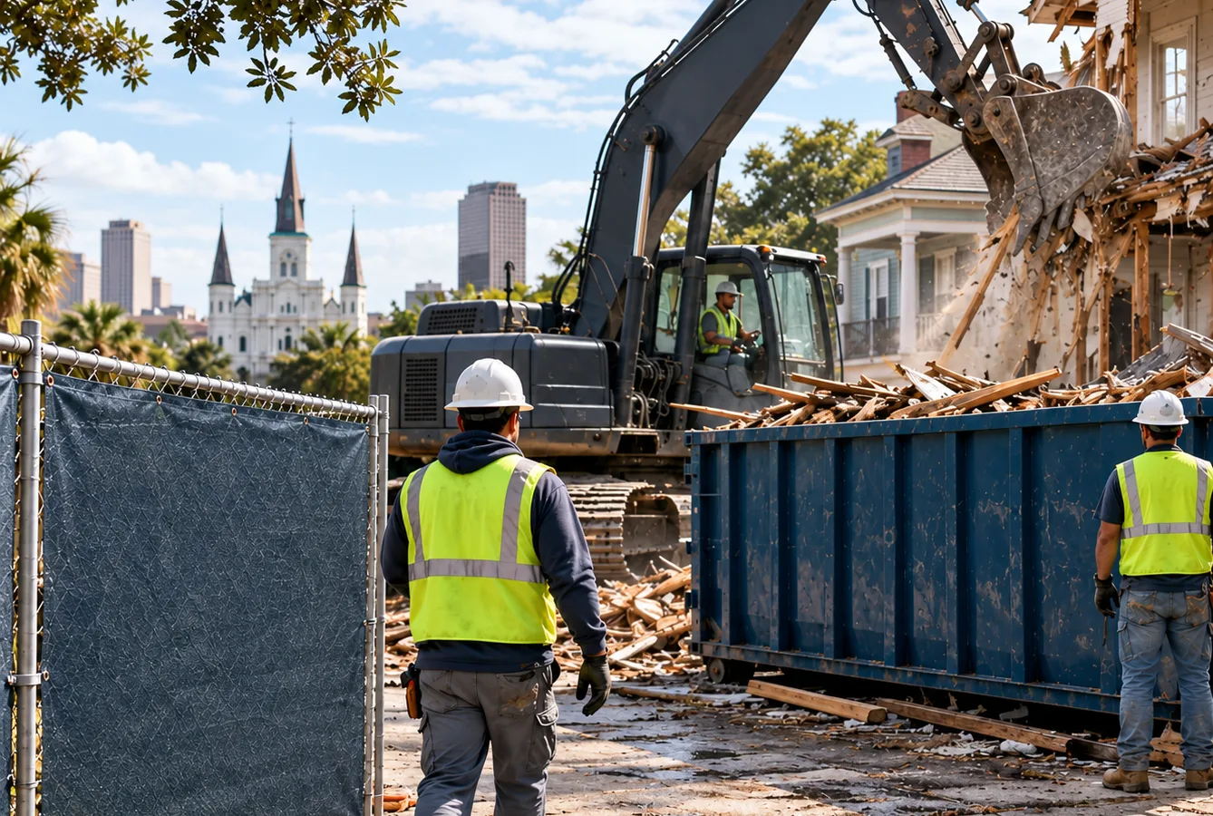Crew in PPE performing controlled residential demolition on a New Orleans lot