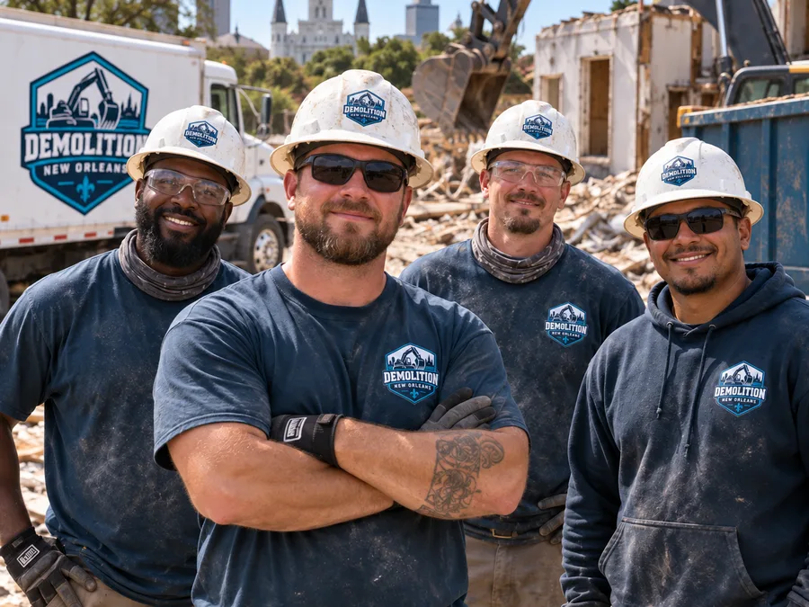Professional demolition crew in PPE at a tidy, safely staged jobsite