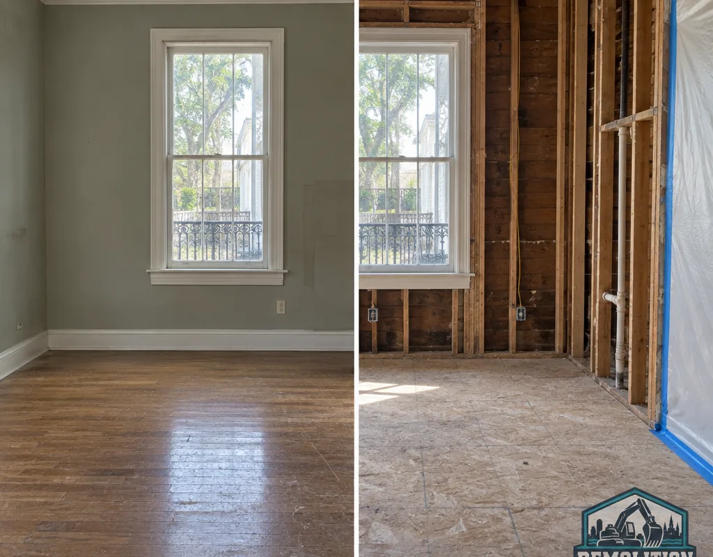 Before-and-after selective interior demolition with clean stud bays and protected adjacent areas
