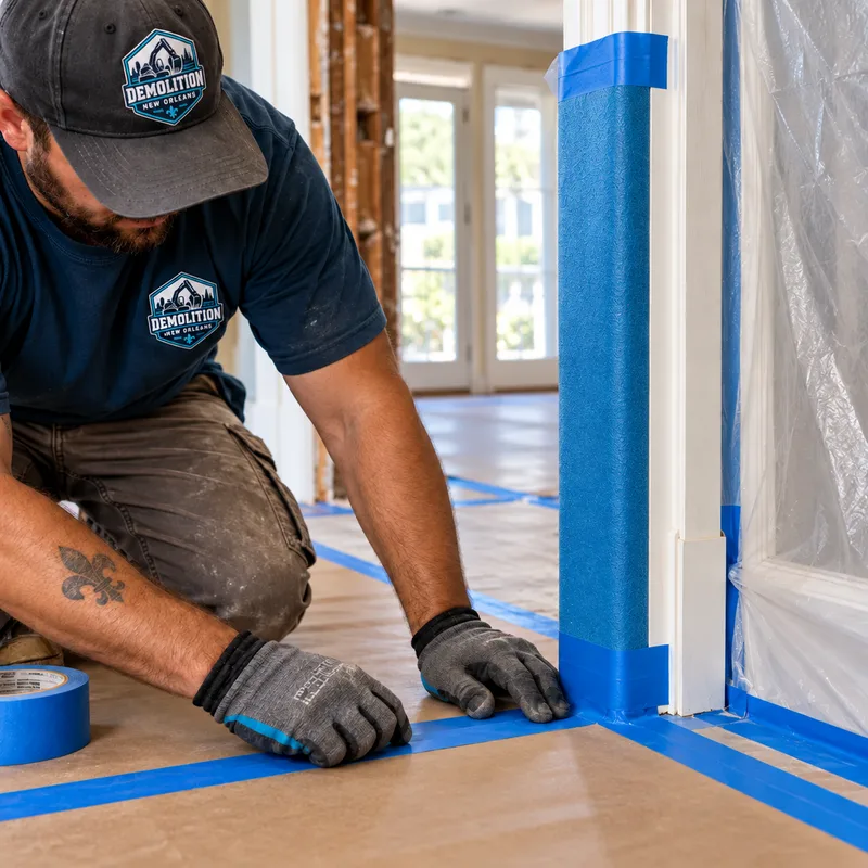 Taped floor and doorway protection with sealed returns during demolition