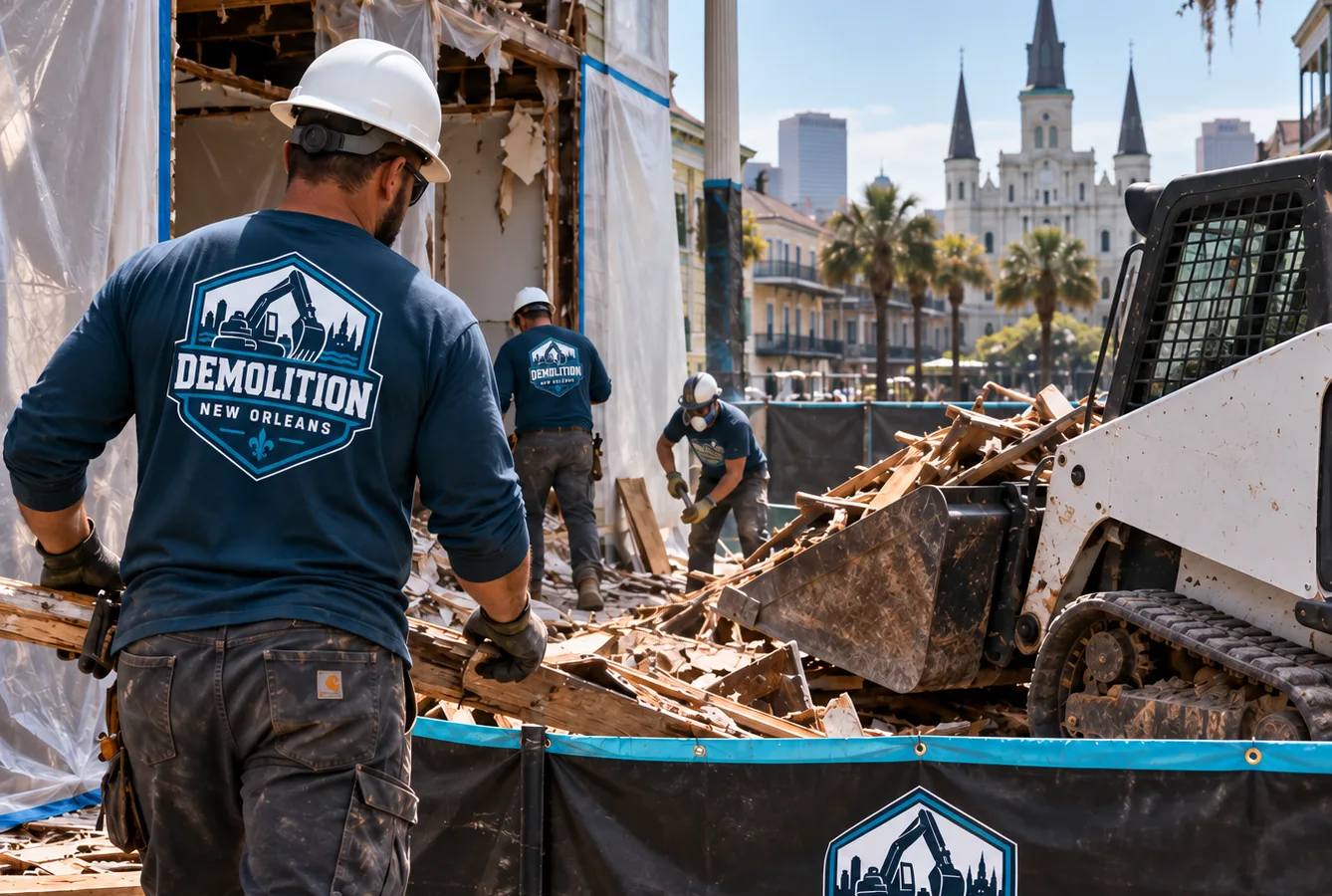 Demolition crew using debris containment with a skid steer staged at an orderly New Orleans jobsite