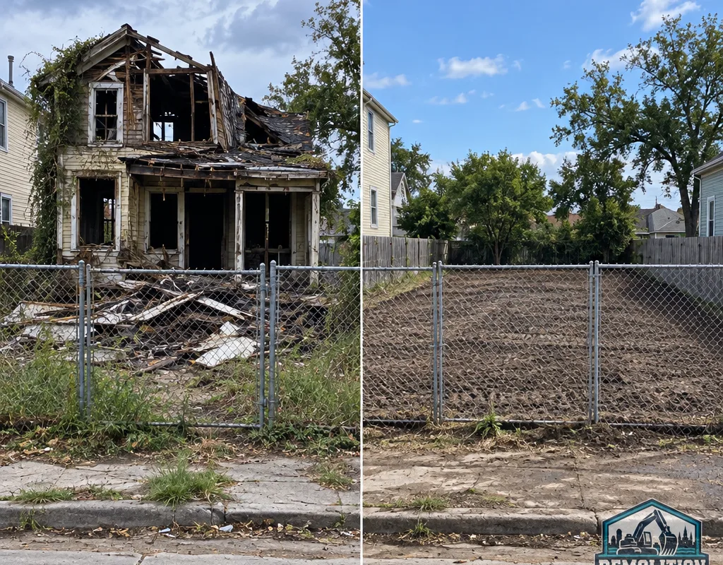 Before-and-after view of an unsafe vacant New Orleans structure and the same lot cleared, leveled, and fenced after demolition