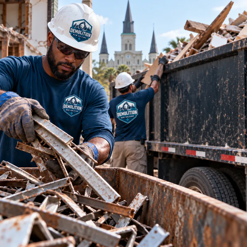 Orderly demolition debris separation with metal set aside for recycling and mixed material loaded into a hauling container