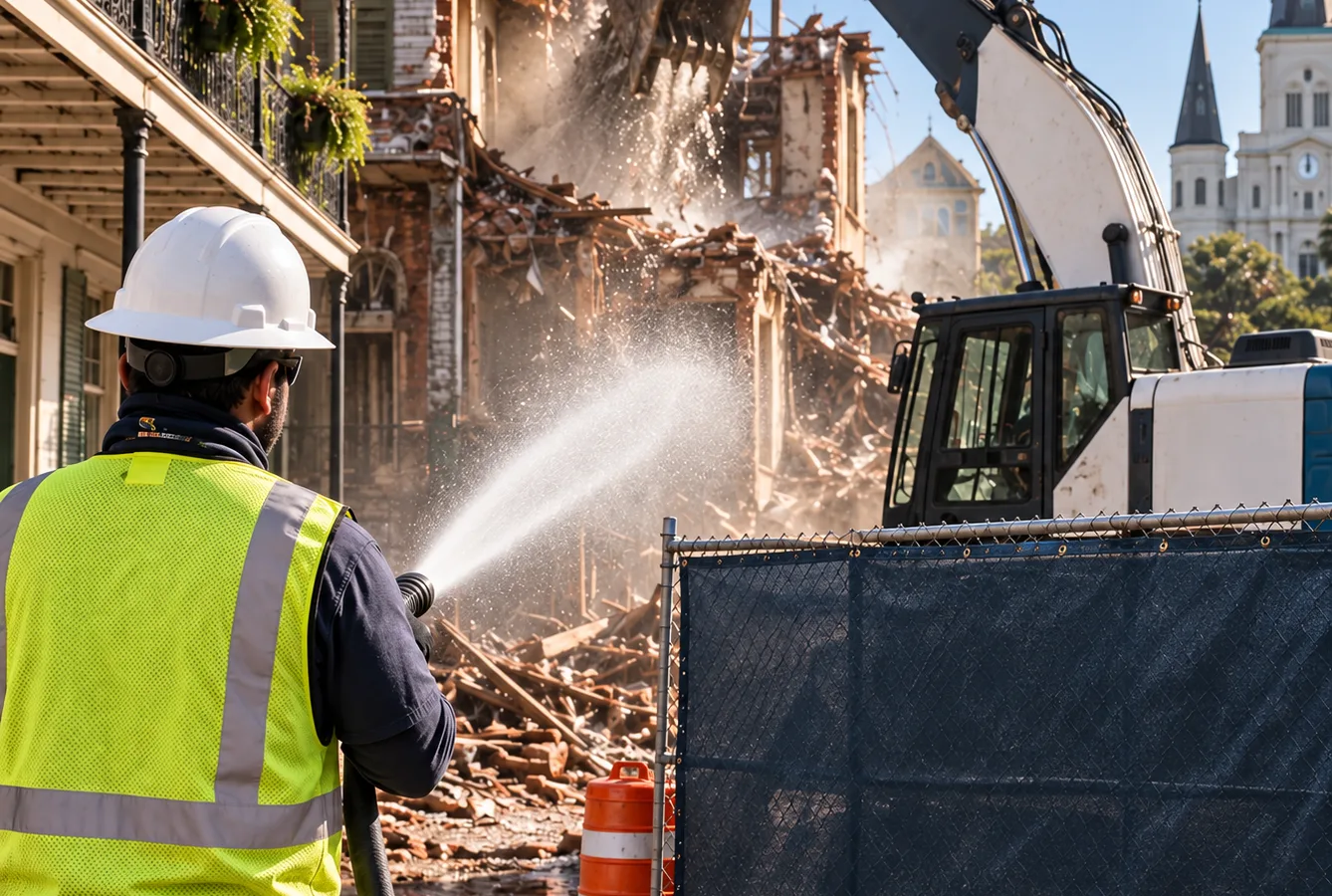 Professional demolition crew completing a controlled building teardown in New Orleans with an excavator, dust control, safety fencing, and signage
