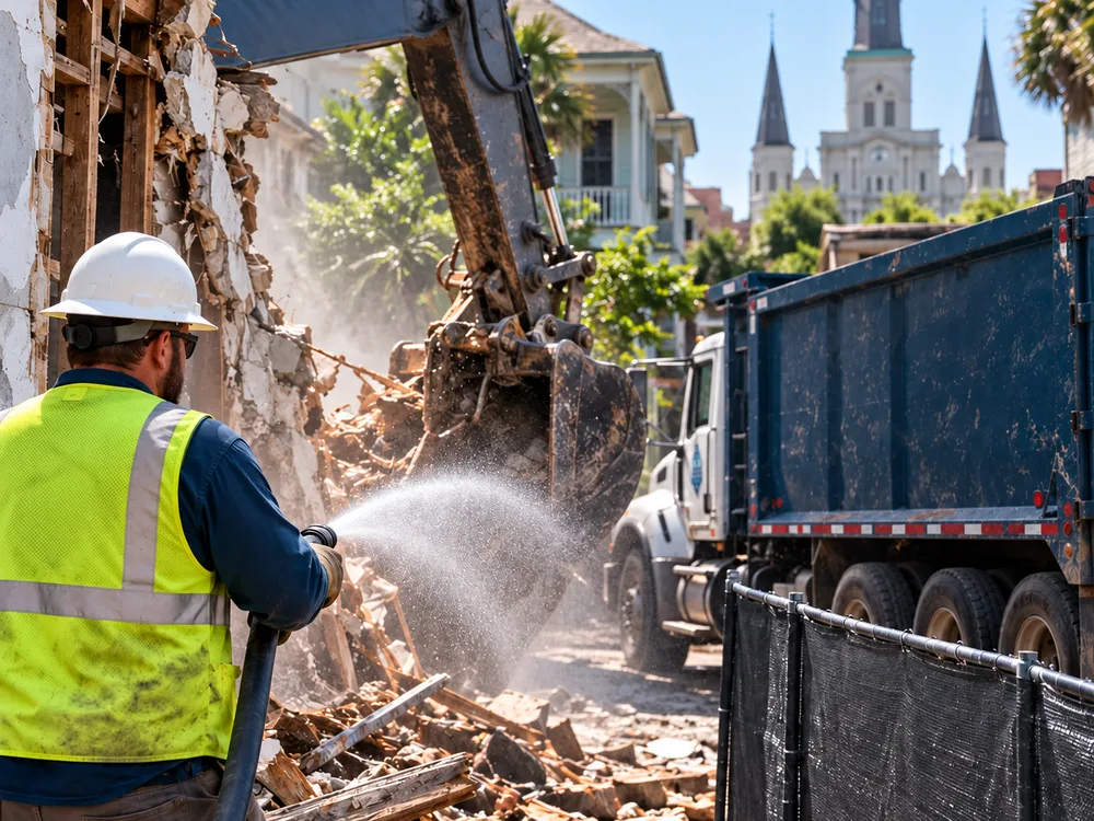 Controlled mechanical demolition on a tight New Orleans lot with protective fencing, a staged debris truck, and water mist for dust suppression