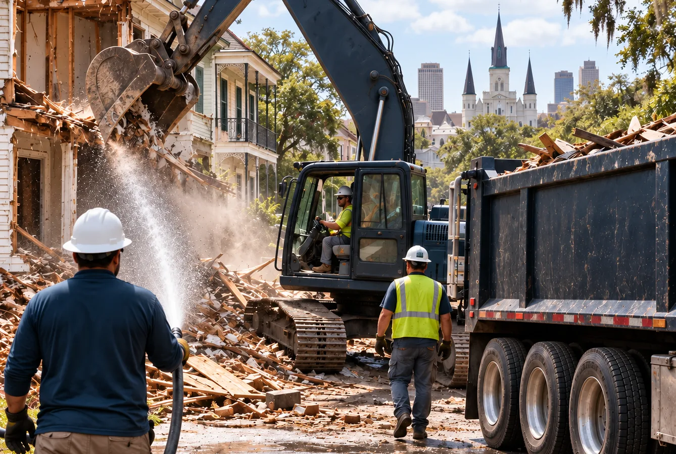Residential house demolition in New Orleans with an excavator, controlled debris loading, and a safely staged crew