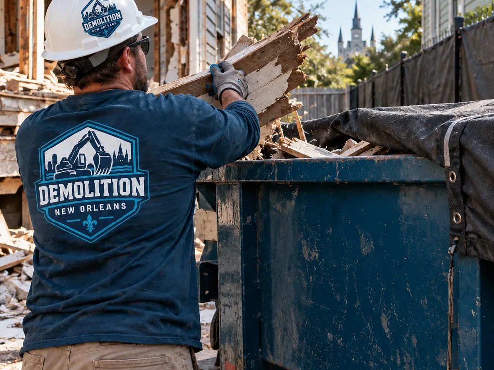 Controlled residential demolition debris sorting and truck loading beside protected New Orleans property lines