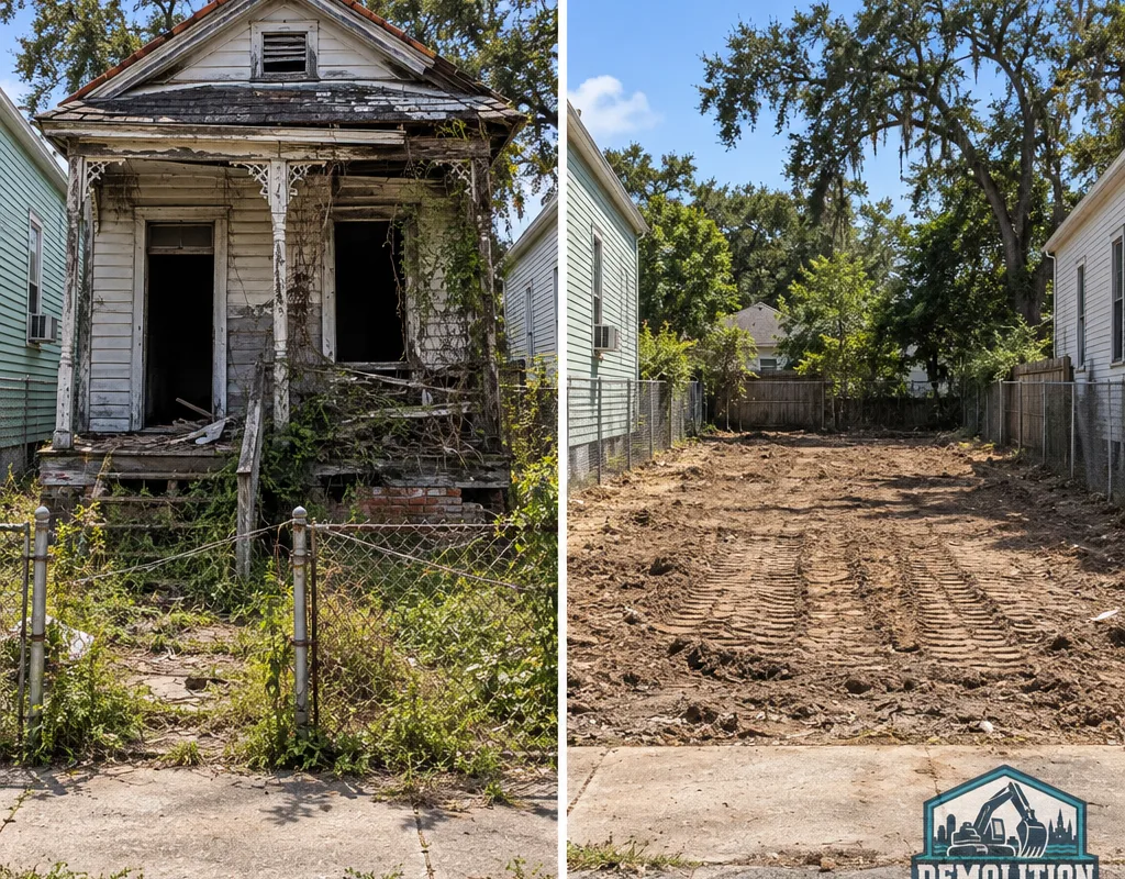 Before and after view of a small New Orleans house lot cleared and rough graded after demolition